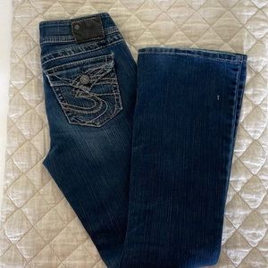 Silver boot cut jeans. Suki Surplus, 28 W L 32